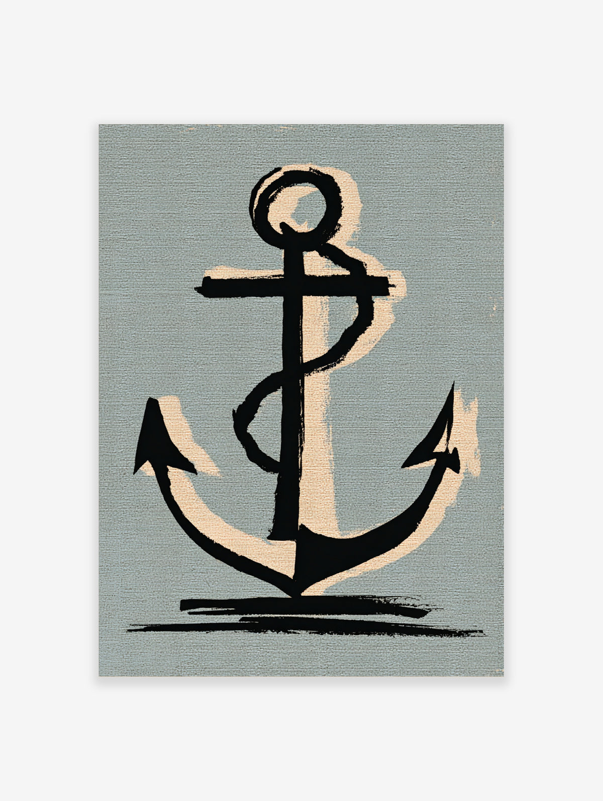 Black anchor with rope on blue-grey textured background, nautical poster print