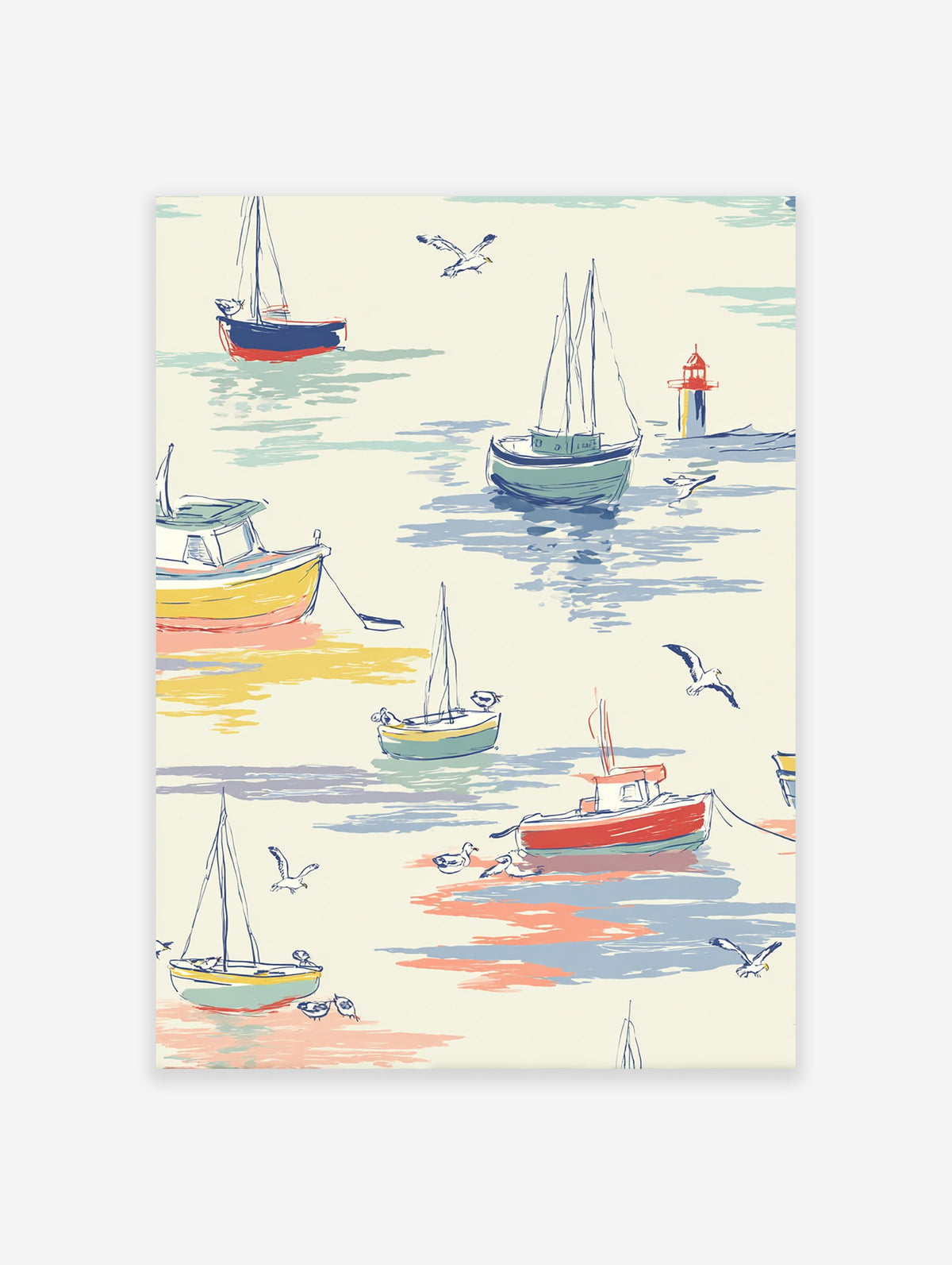 Coastal illustration wall art featuring colorful boats, seagulls, and a lighthouse on calm blue and cream water.