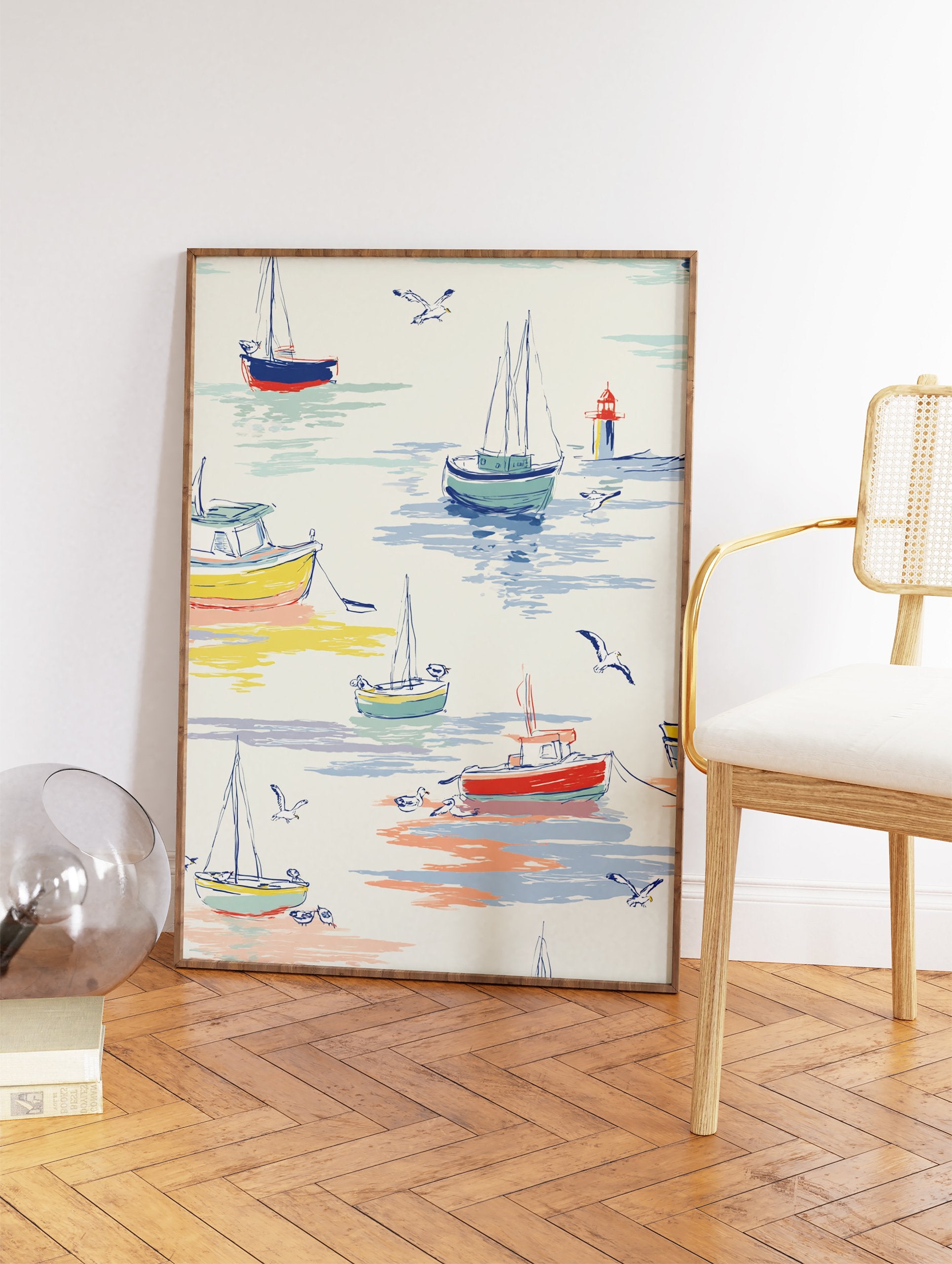 Coastal illustration wall art featuring colorful boats, seagulls, and a lighthouse on calm blue and cream water. - Image 2