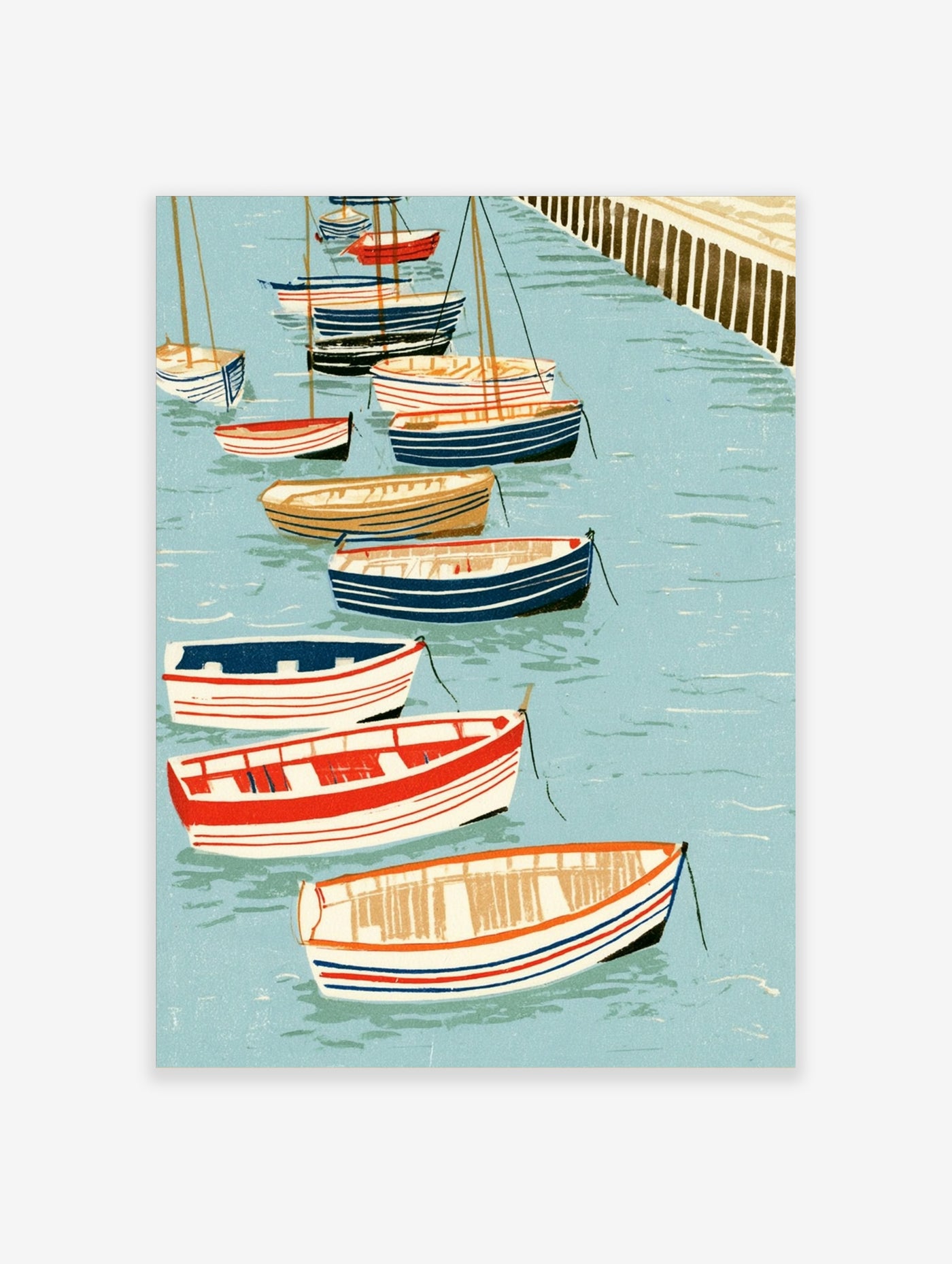 Illustrative nautical wall art print of small colourful boats moored on blue harbour water