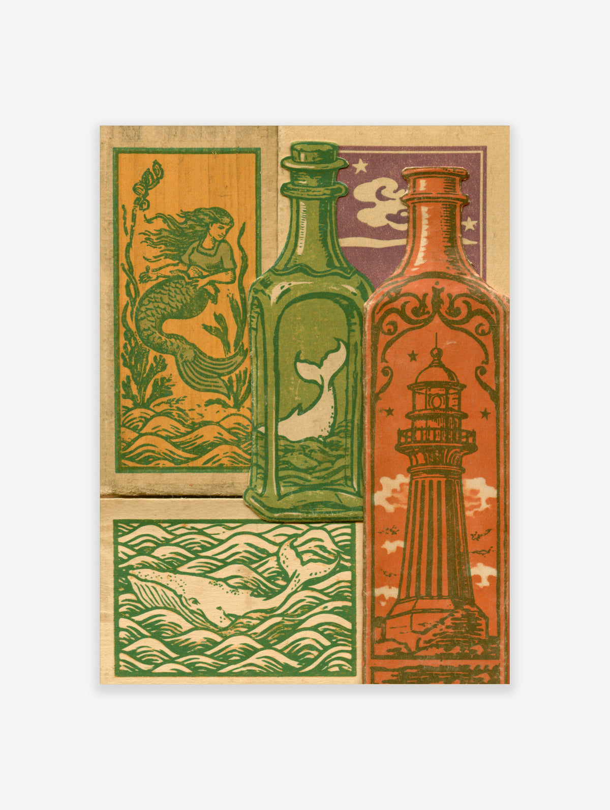 Vintage nautical collage print with mermaid, whale tail in green bottle, lighthouse in orange bottle, and whale in waves
