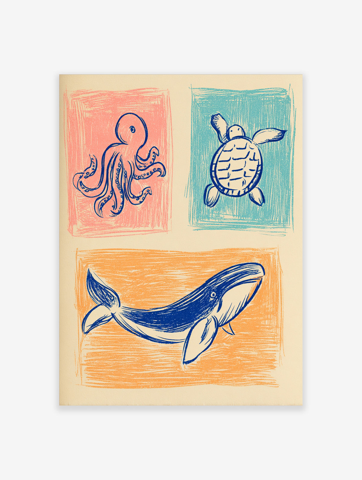Blue ink sketch of an octopus, sea turtle, and whale on pink, teal, and orange blocks, nautical wall art print