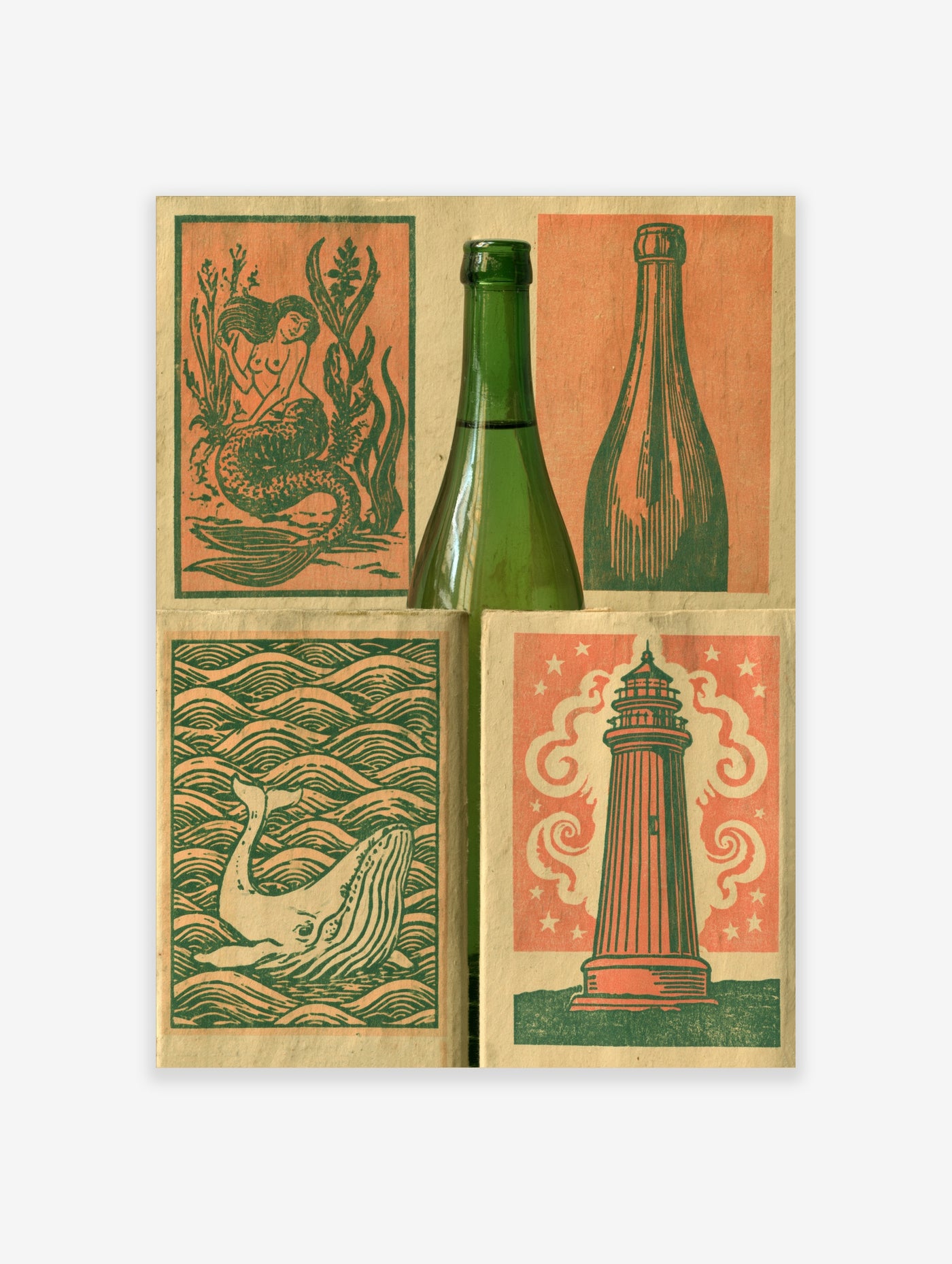 Set of four nautical prints: mermaid, whale, lighthouse, bottle in green and orange