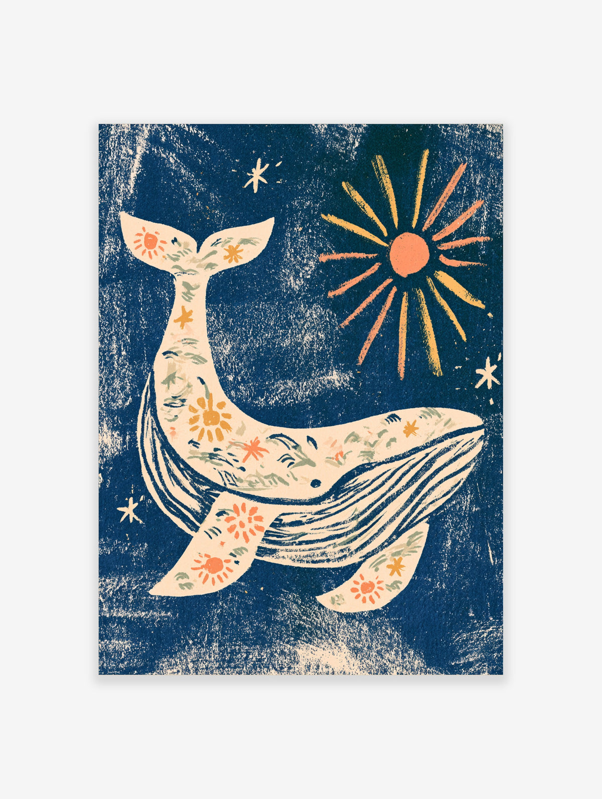 Nautical whale art print with floral patterns on cream whale, navy background, sun and stars