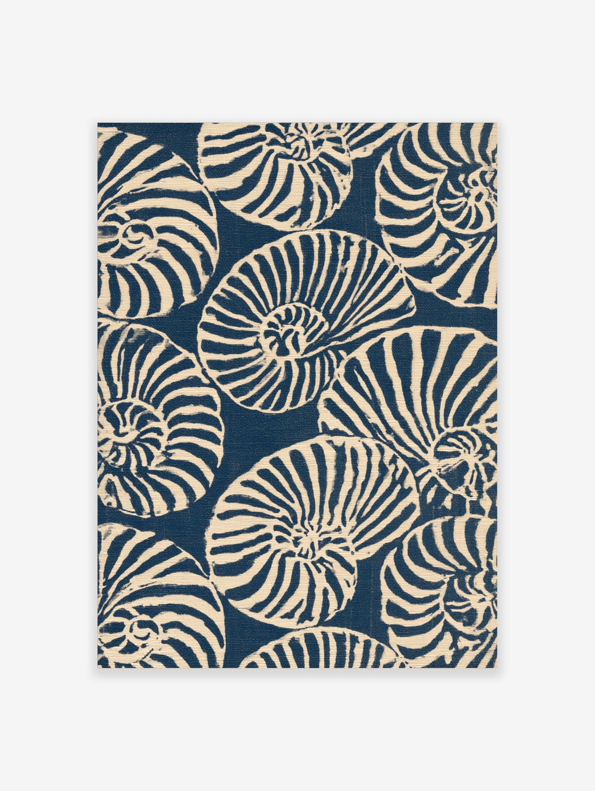 Repeating pattern of navy blue and off-white nautilus seashells in an illustrative graphic style