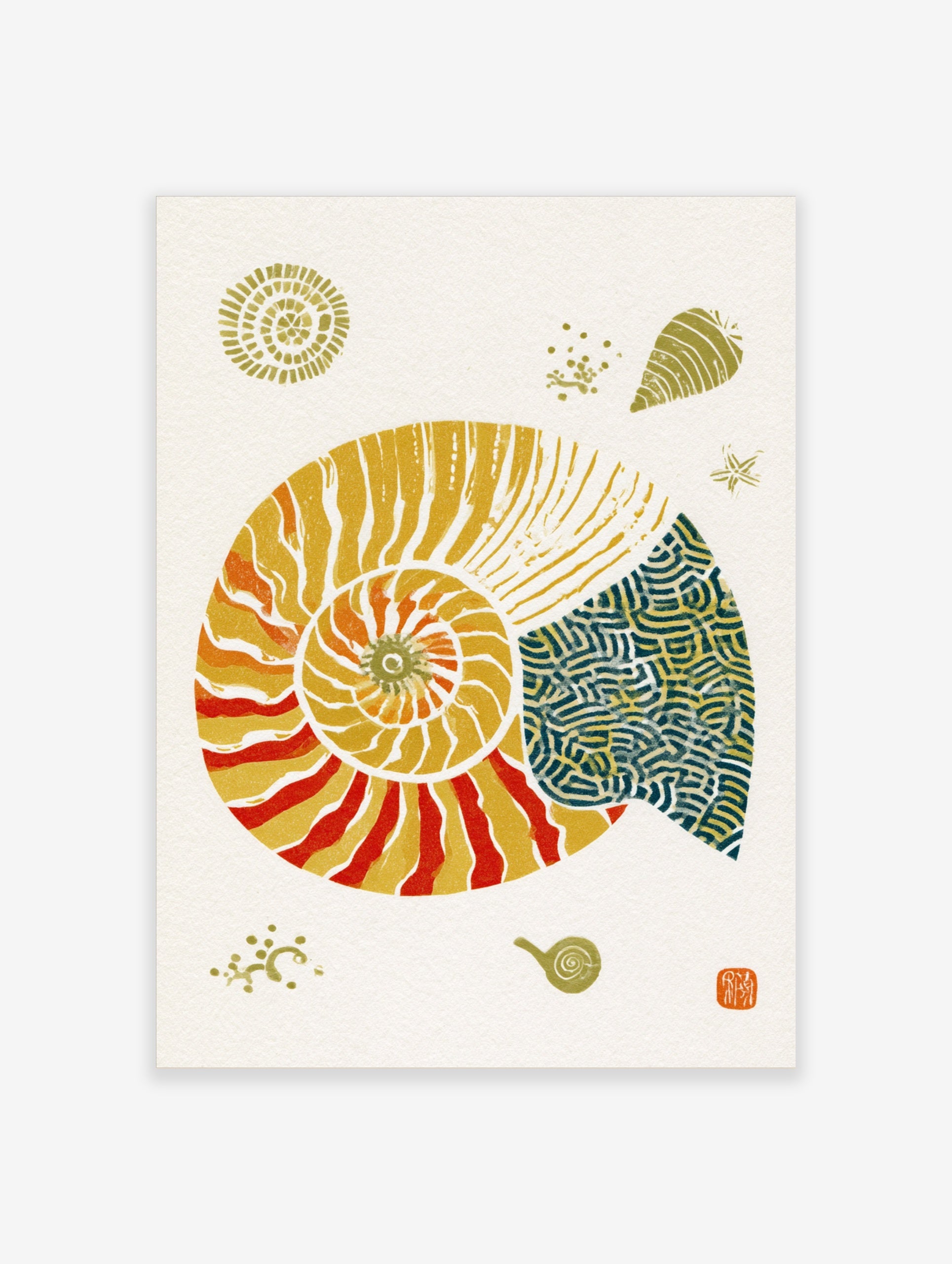 Nautilus shell illustration with orange, yellow, and blue geometric patterns on a white paper background