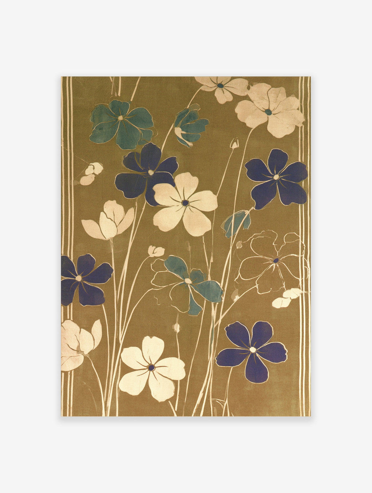 Navy and cream flower poster with stylised five-petal blooms on tall stems against an olive-brown background