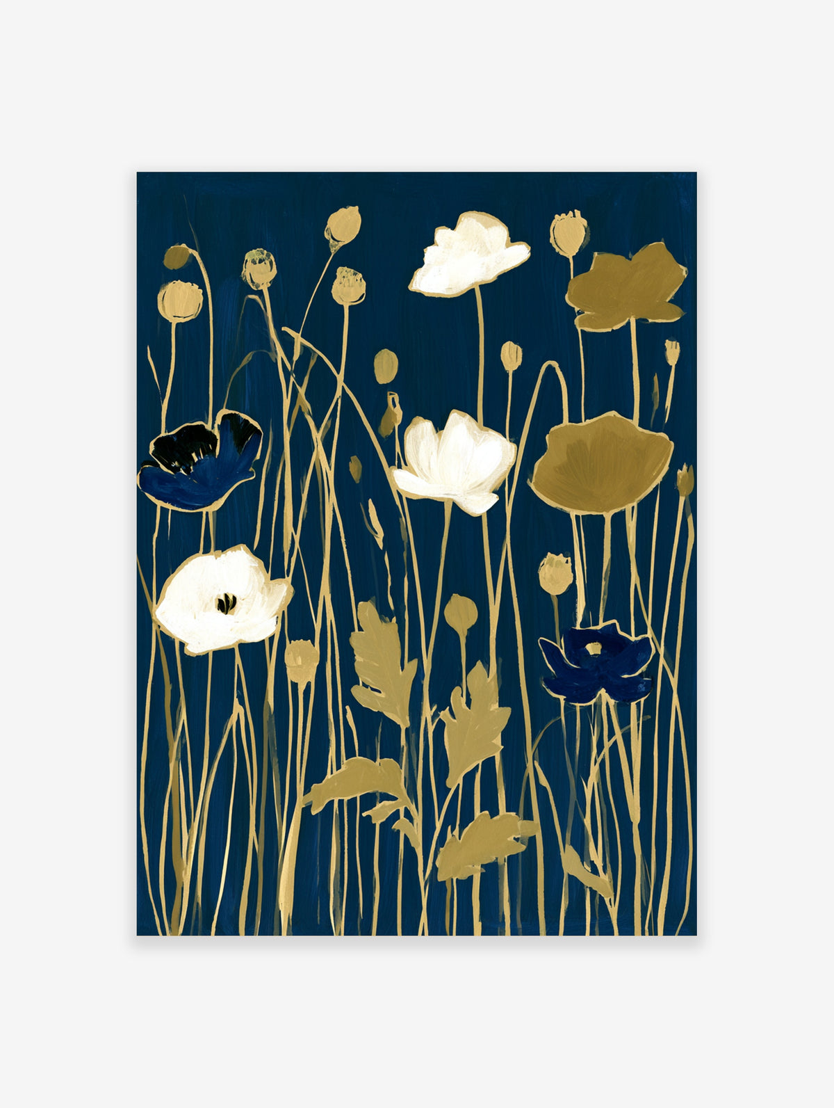 Navy and gold poppy flower art print with white and blue blooms on tall stems
