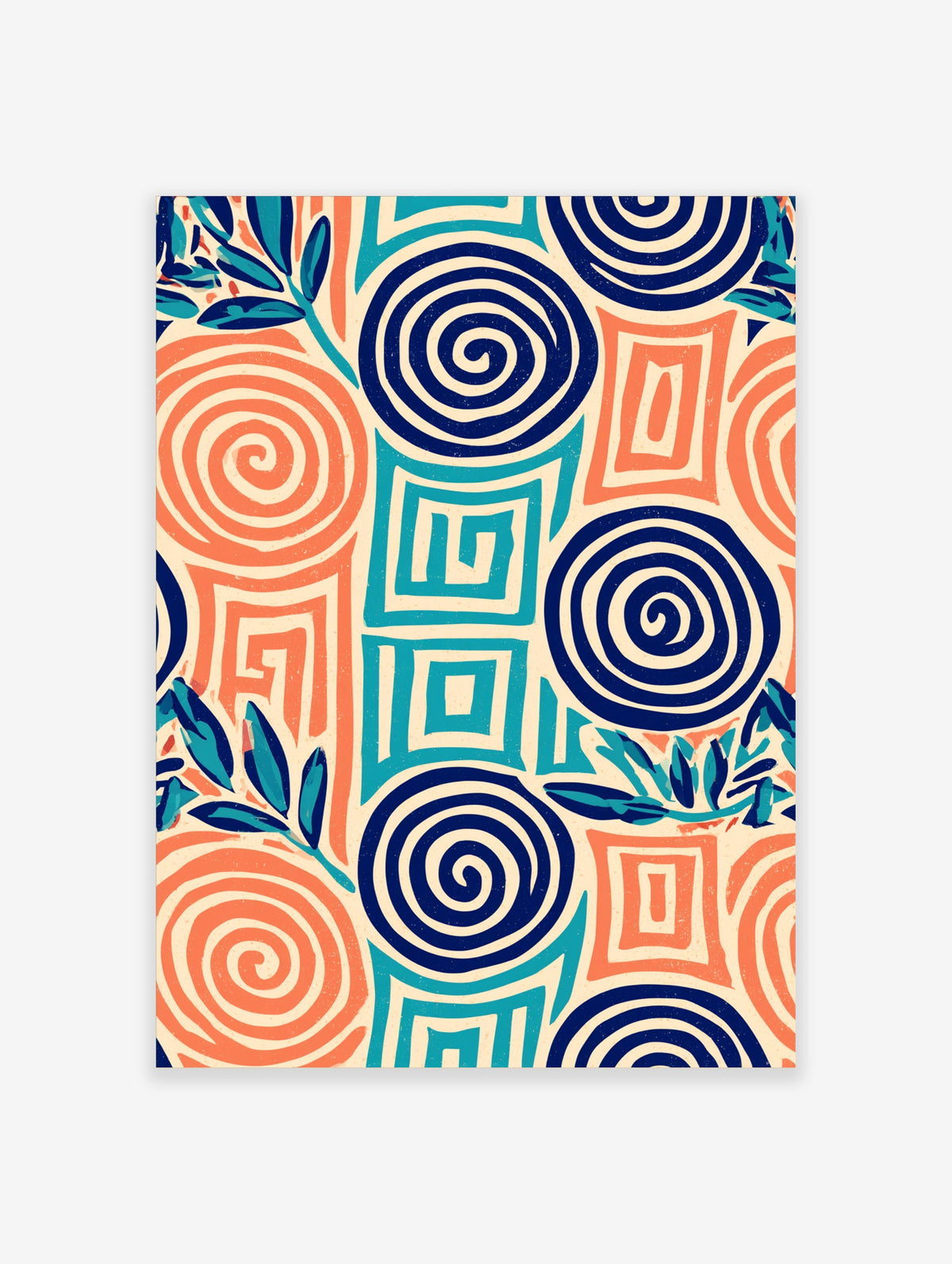 Navy blue and orange abstract spiral poster with teal geometric blocks and leaf motifs on cream background