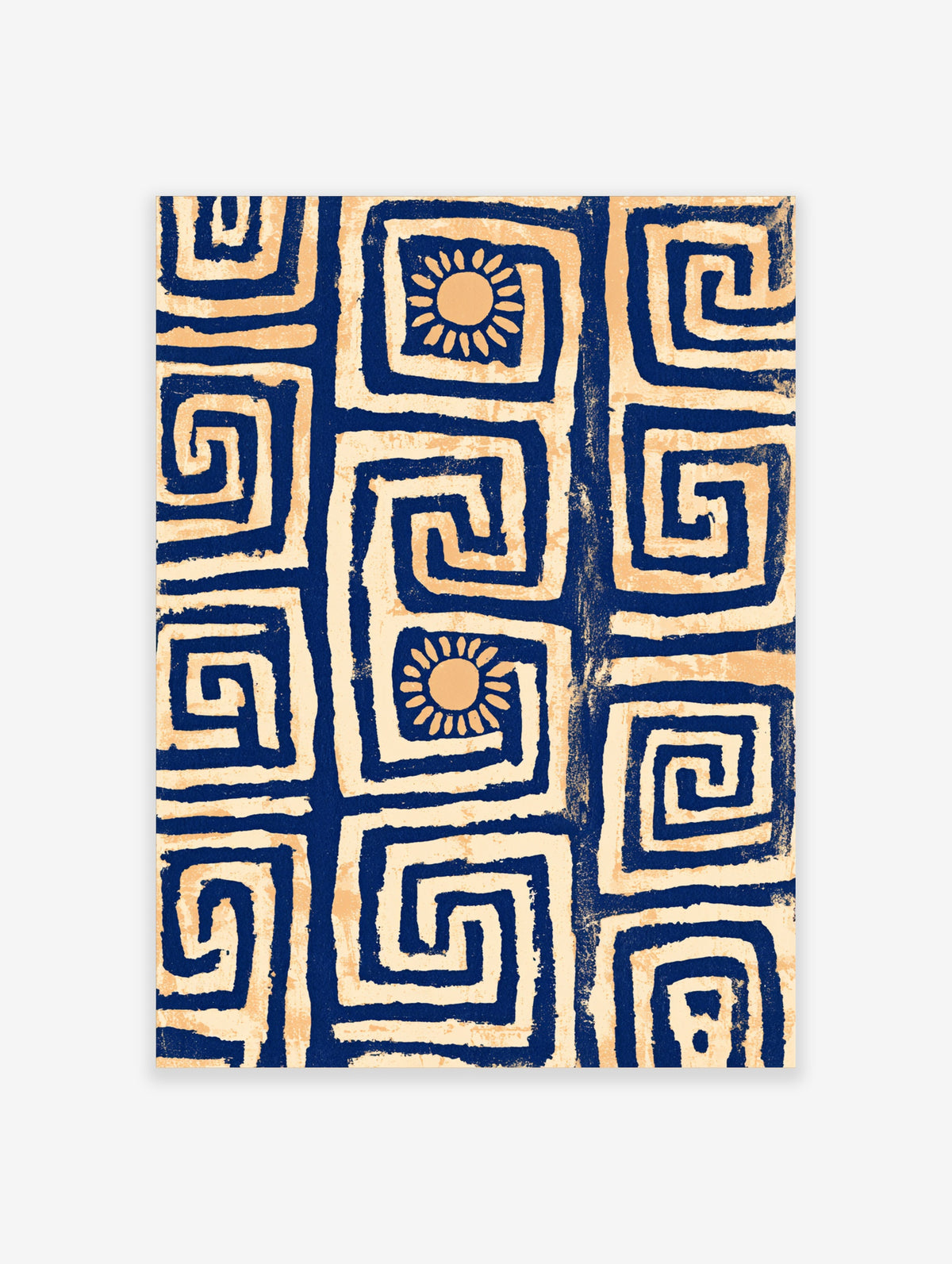 Navy blue Greek key pattern with cream lines and square sun motifs on a textured background
