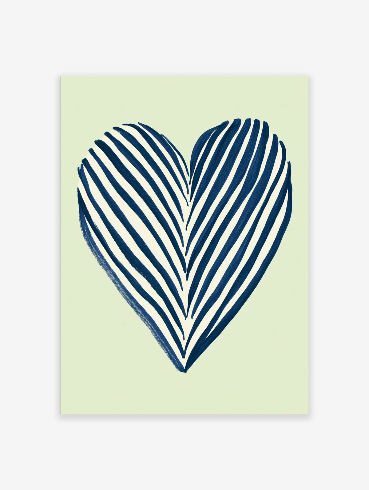 Navy blue heart poster with hand-painted zebra stripes on pale green background