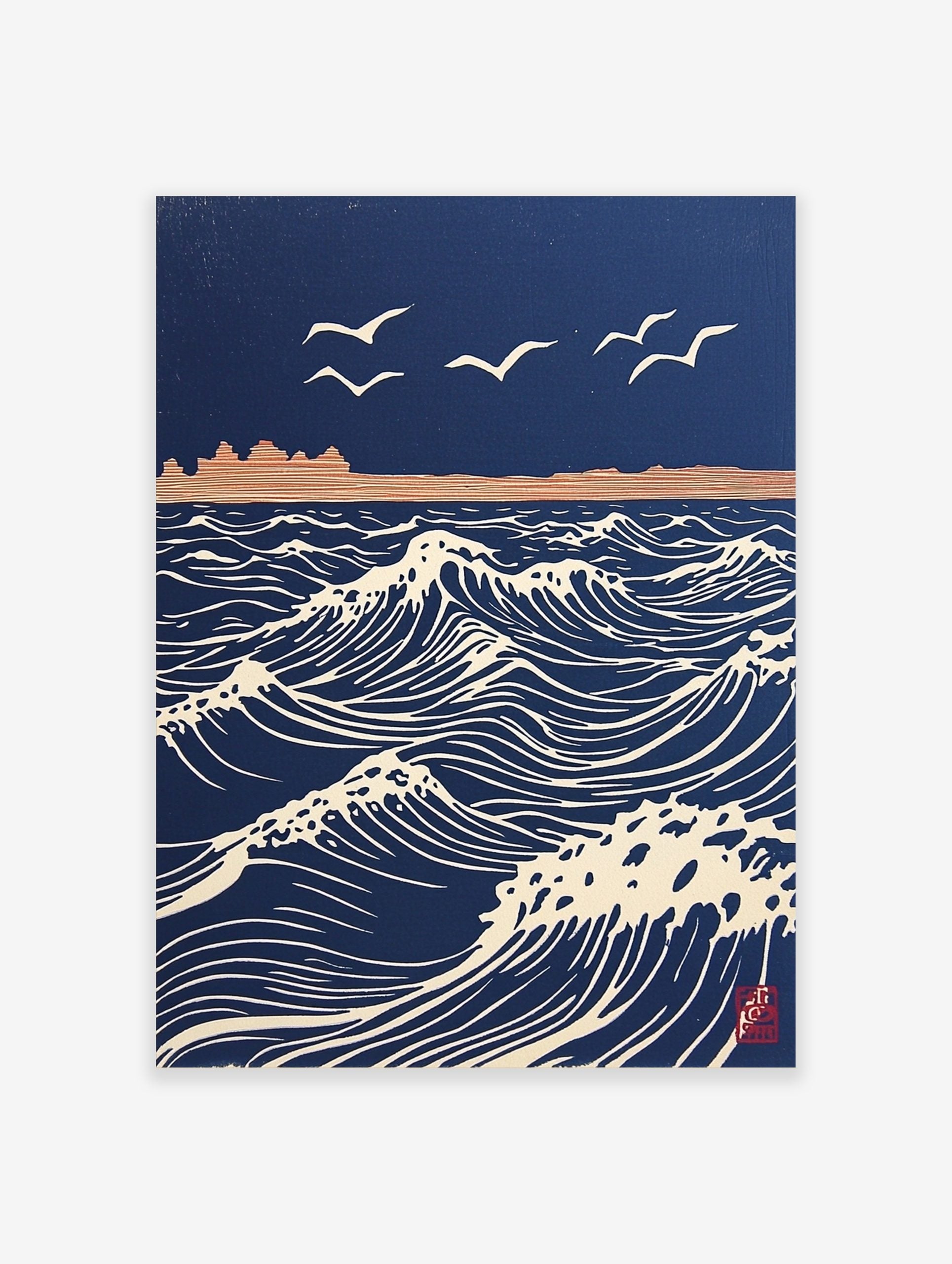 Stylised navy blue ocean waves with white crests and flying seagulls, distant land, in woodblock print style
