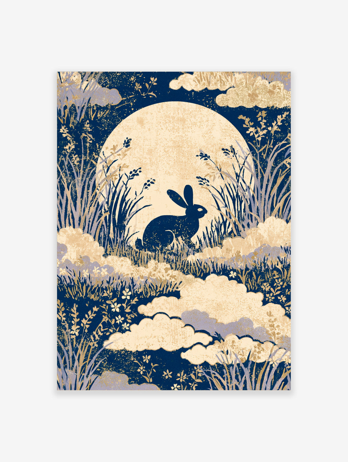 Navy blue rabbit silhouette sitting in tall grasses beneath a large full moon, Japanese style art print
