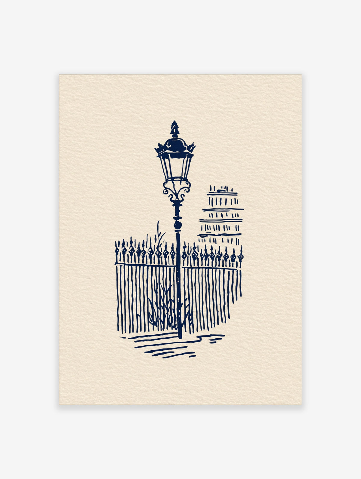 Navy blue street lamp poster with ornate iron fence and building illustration on off-white background