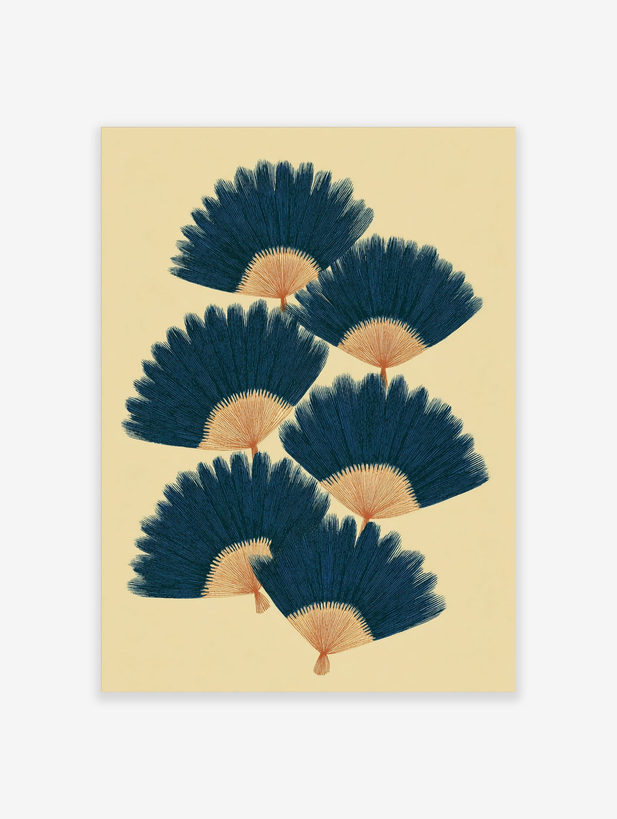 Illustrative navy blue fan shapes with tan bases, arranged in a staggered pattern on a beige background