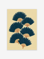Illustrative navy blue fan shapes with tan bases, arranged in a staggered pattern on a beige background