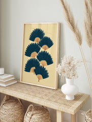 Illustrative navy blue fan shapes with tan bases, arranged in a staggered pattern on a beige, in an alternate framed mockup