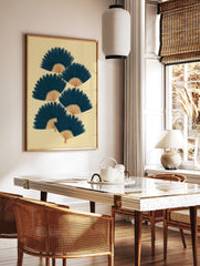 Illustrative navy blue fan shapes with tan bases, arranged in a staggered pattern on a beige, in a styled room mockup