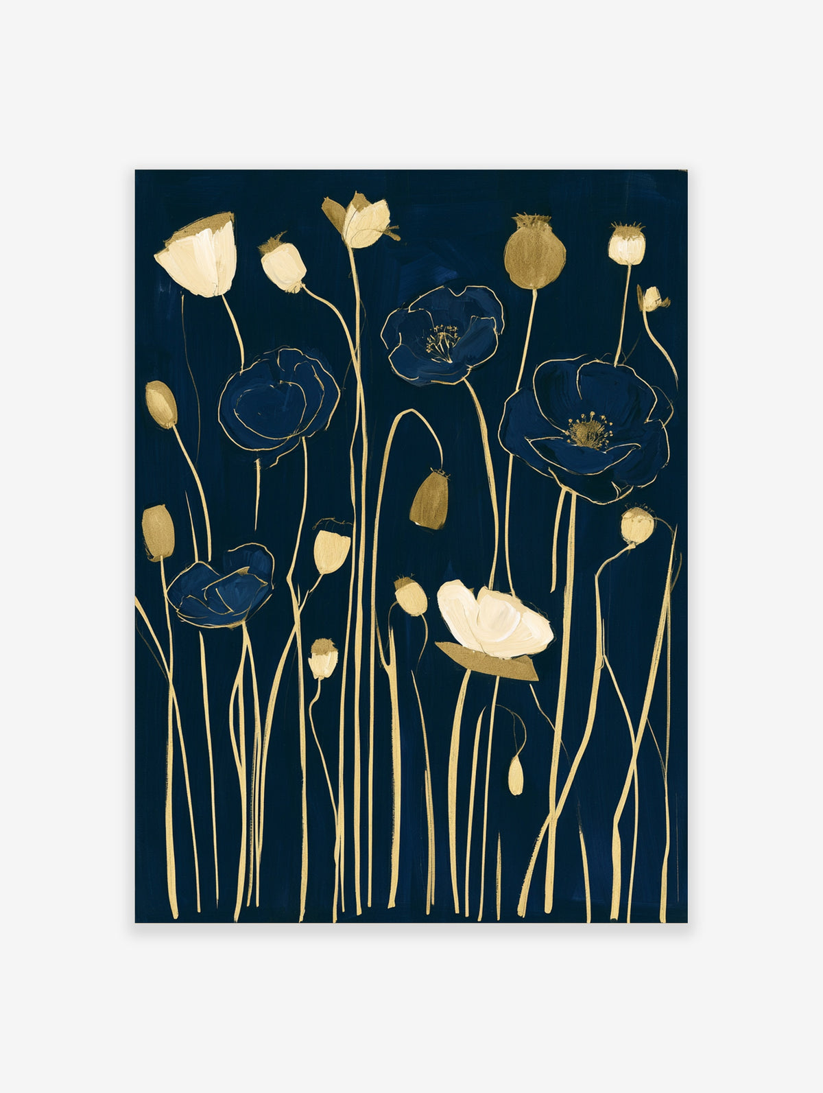 Navy and gold poppy flower art print with stylised blooms and seed pods on a dark blue background