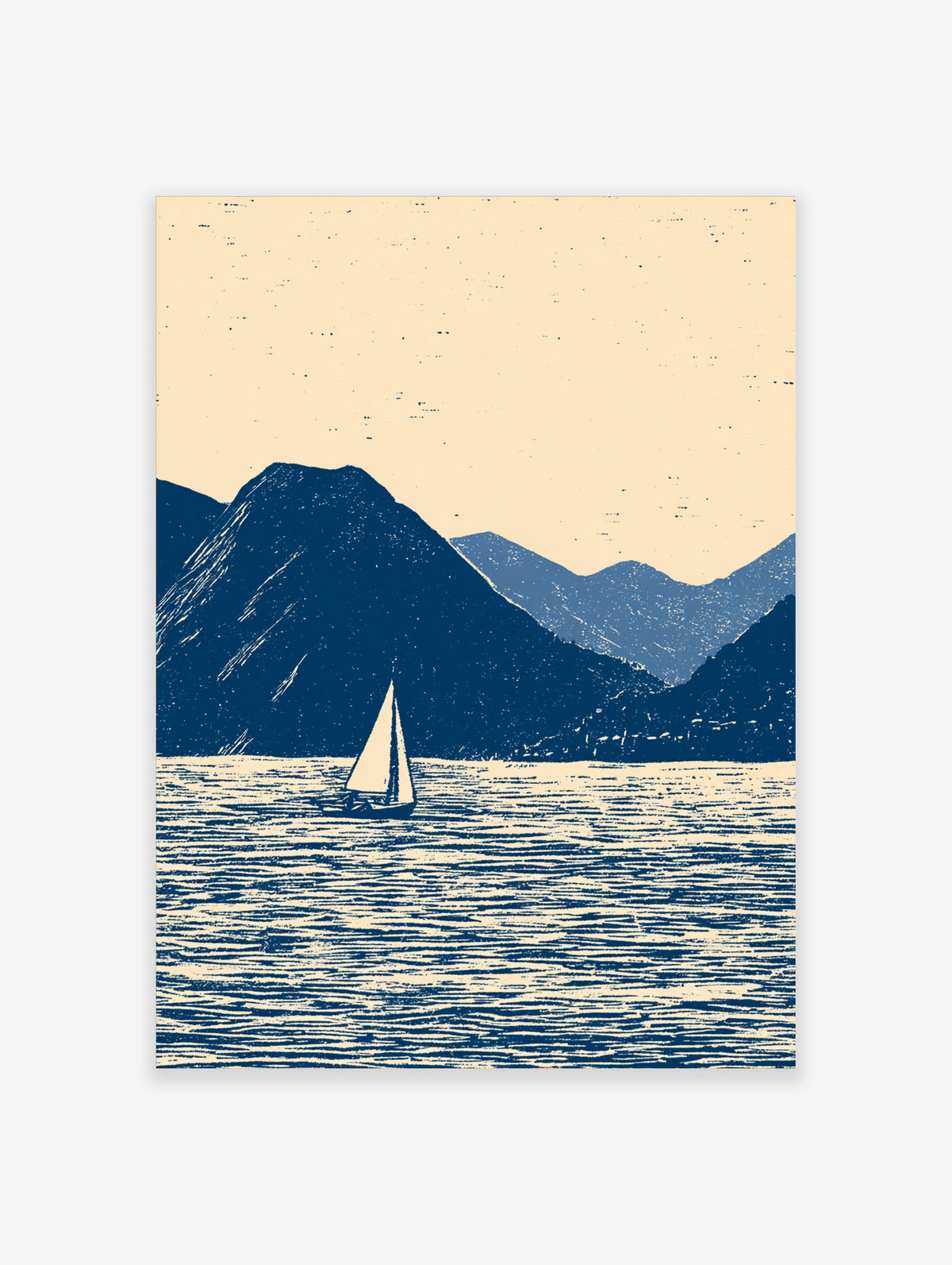 Navy sailboat on blue water with dark mountain silhouettes and cream sky, coastal landscape poster