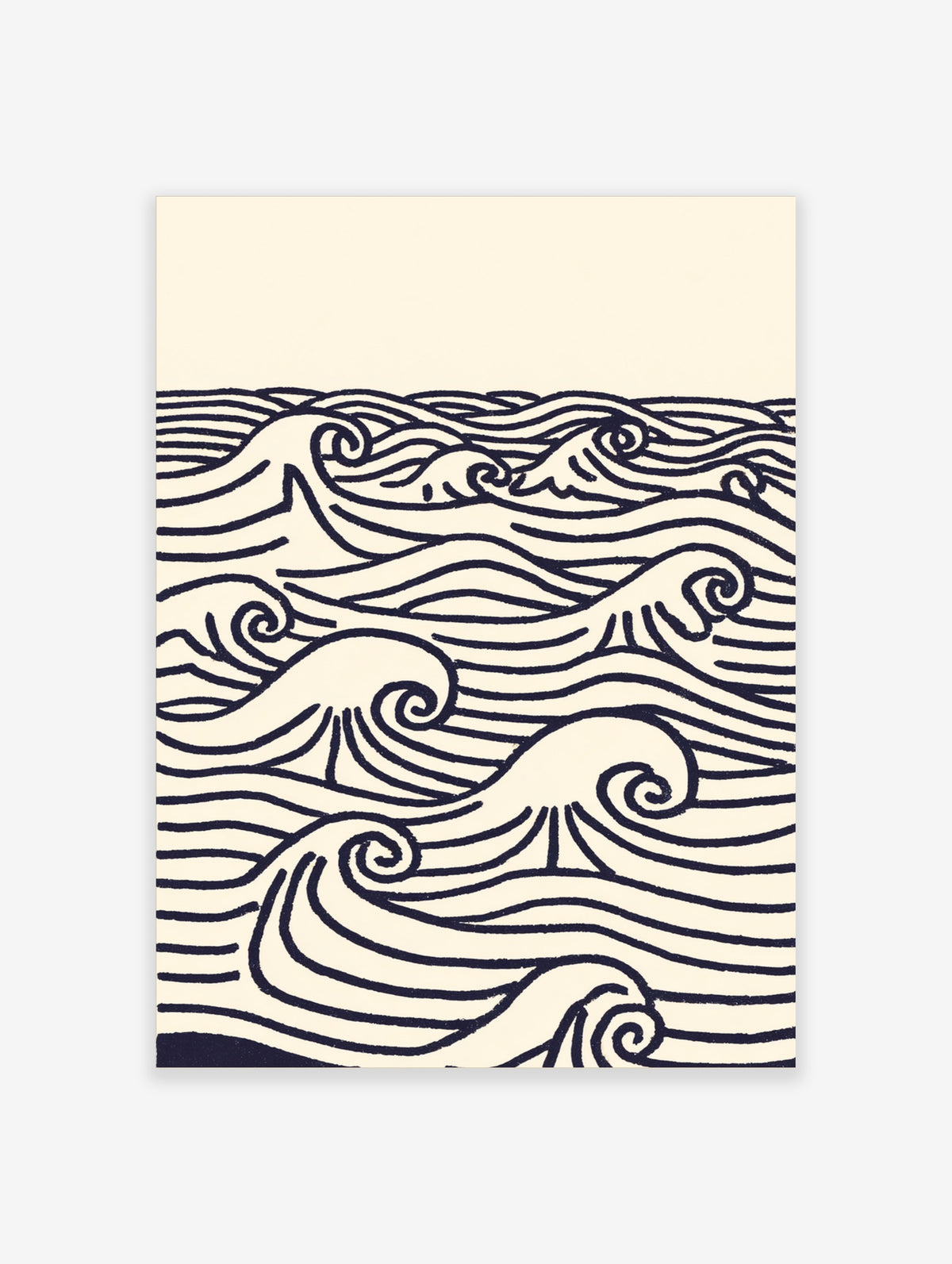 Navy ocean wave line art poster with swirling crests and foam on a cream background