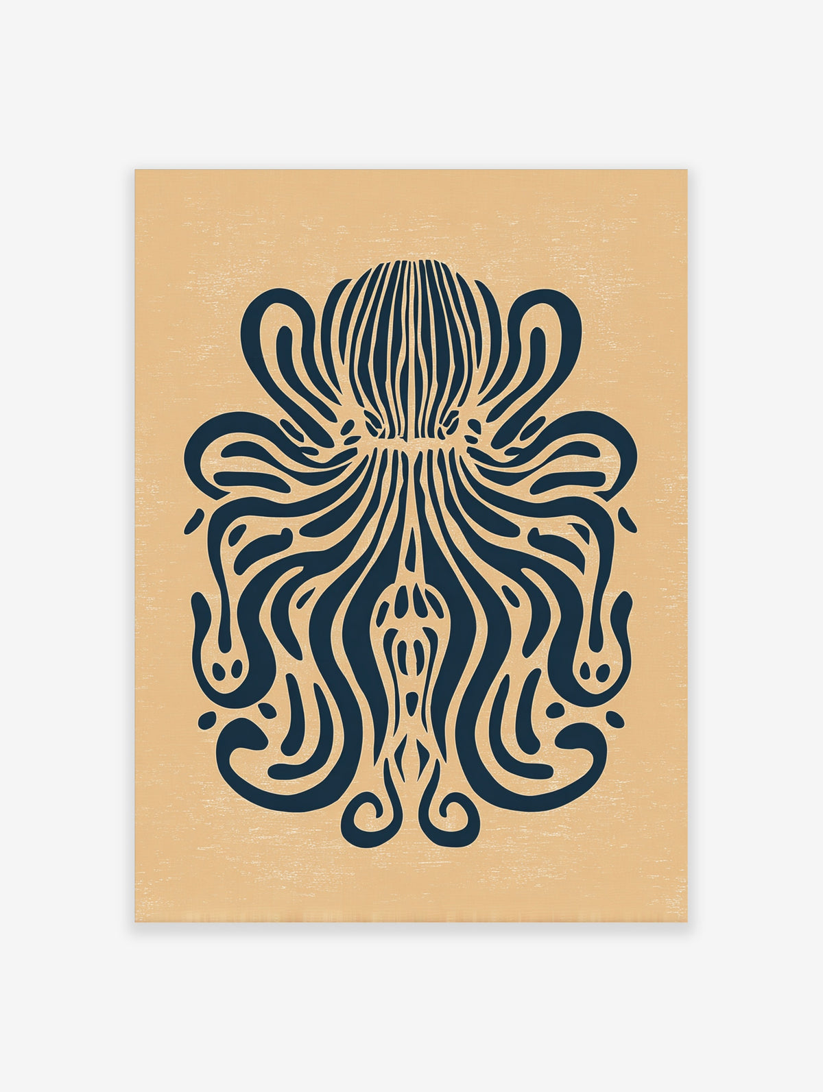 Navy octopus art print with symmetrical tentacles and sucker dots on a tan background