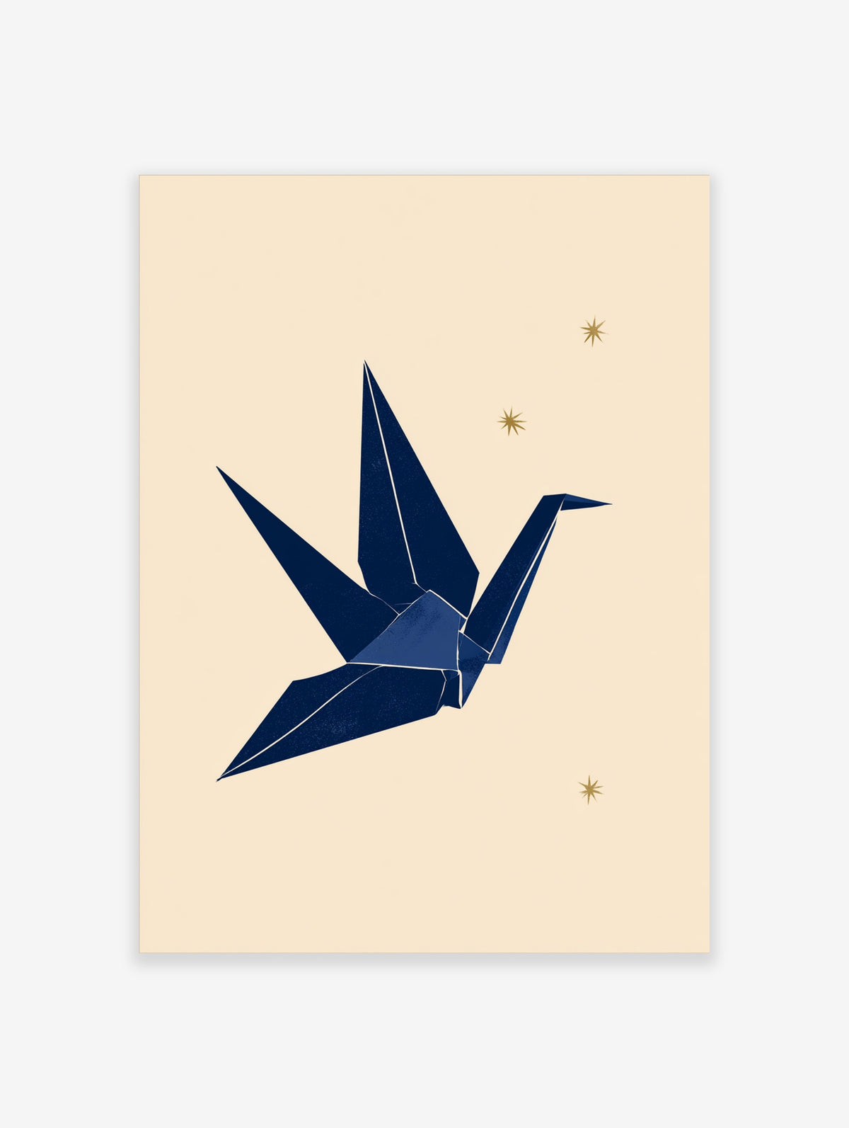 Navy origami crane paper bird print with white crease lines and gold starbursts on beige background