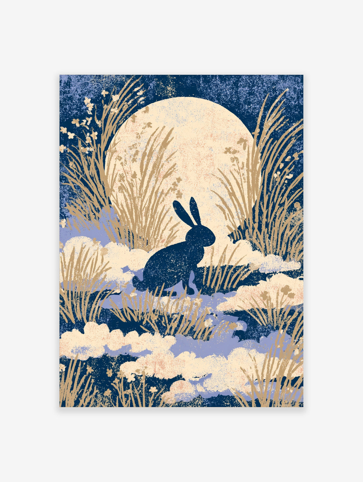 Navy rabbit silhouette art print with cream moon, tall grasses, and pale flowers on dark blue background