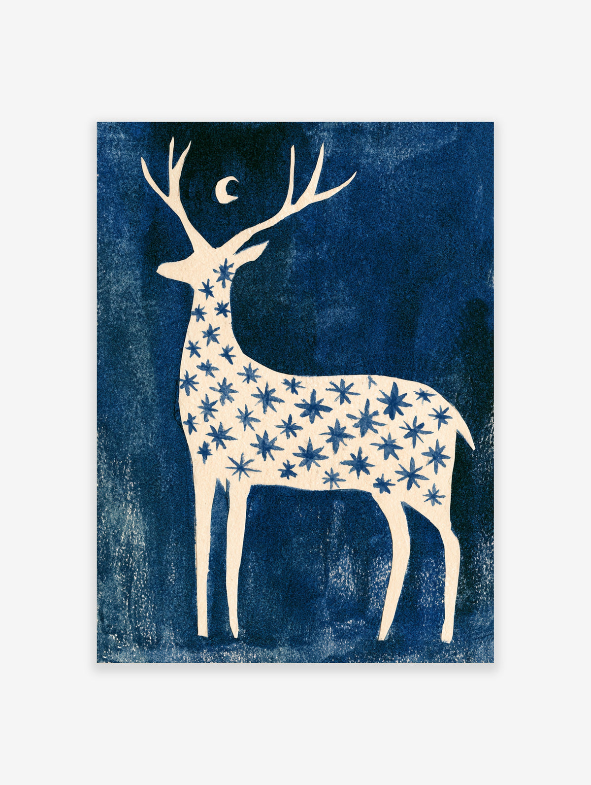 Navy blue stag silhouette with white crescent moon and star patterns on cream deer body, vertical animal poster