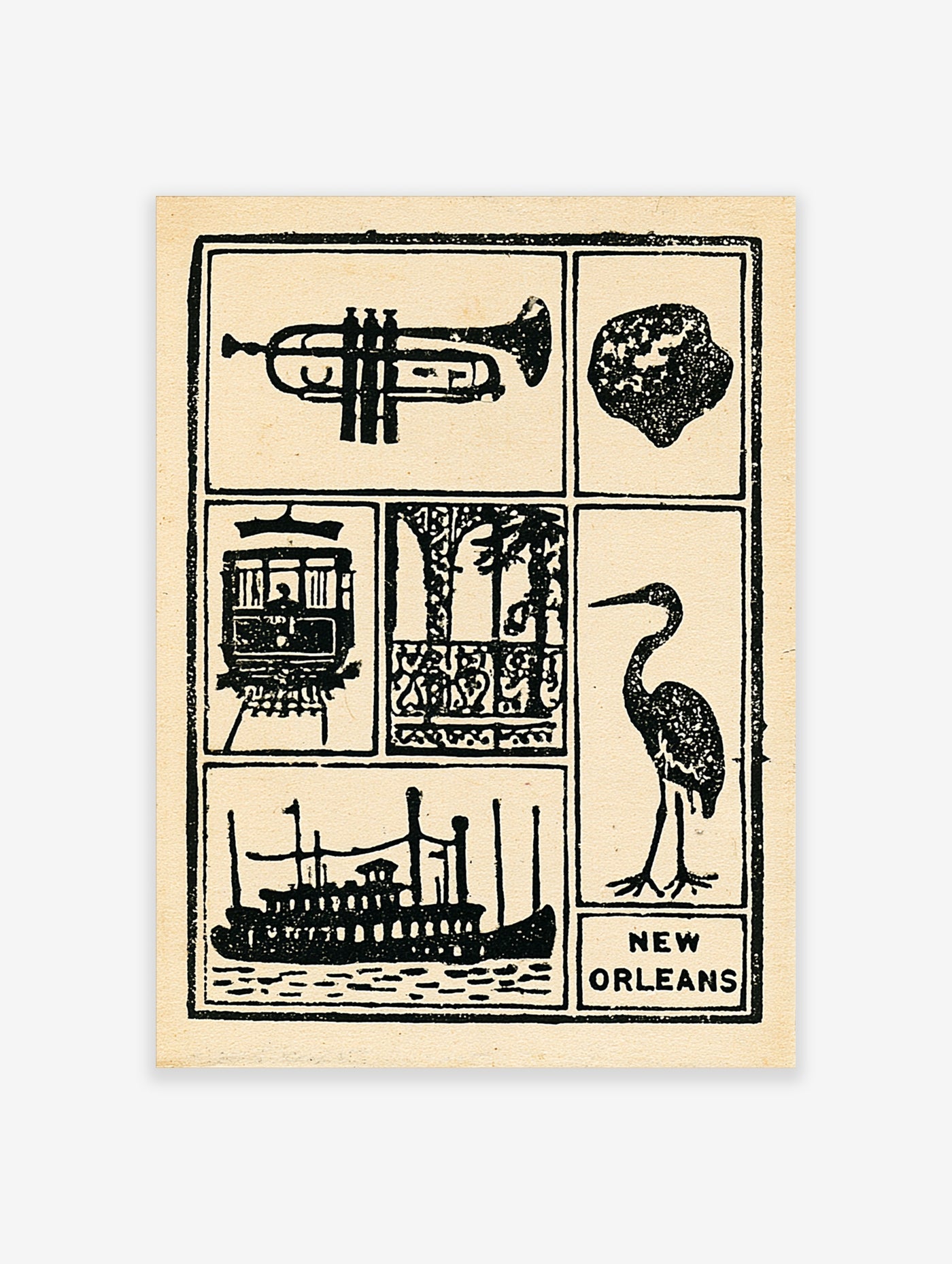New Orleans vintage collage print with trumpet, streetcar, riverboat, and crane bird on a neutral background