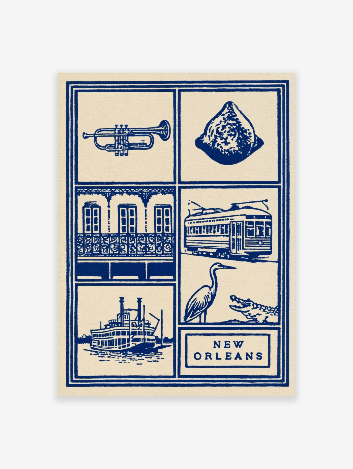New Orleans themed wall art print with trumpet, streetcar, and steamboat illustrations in blue and cream