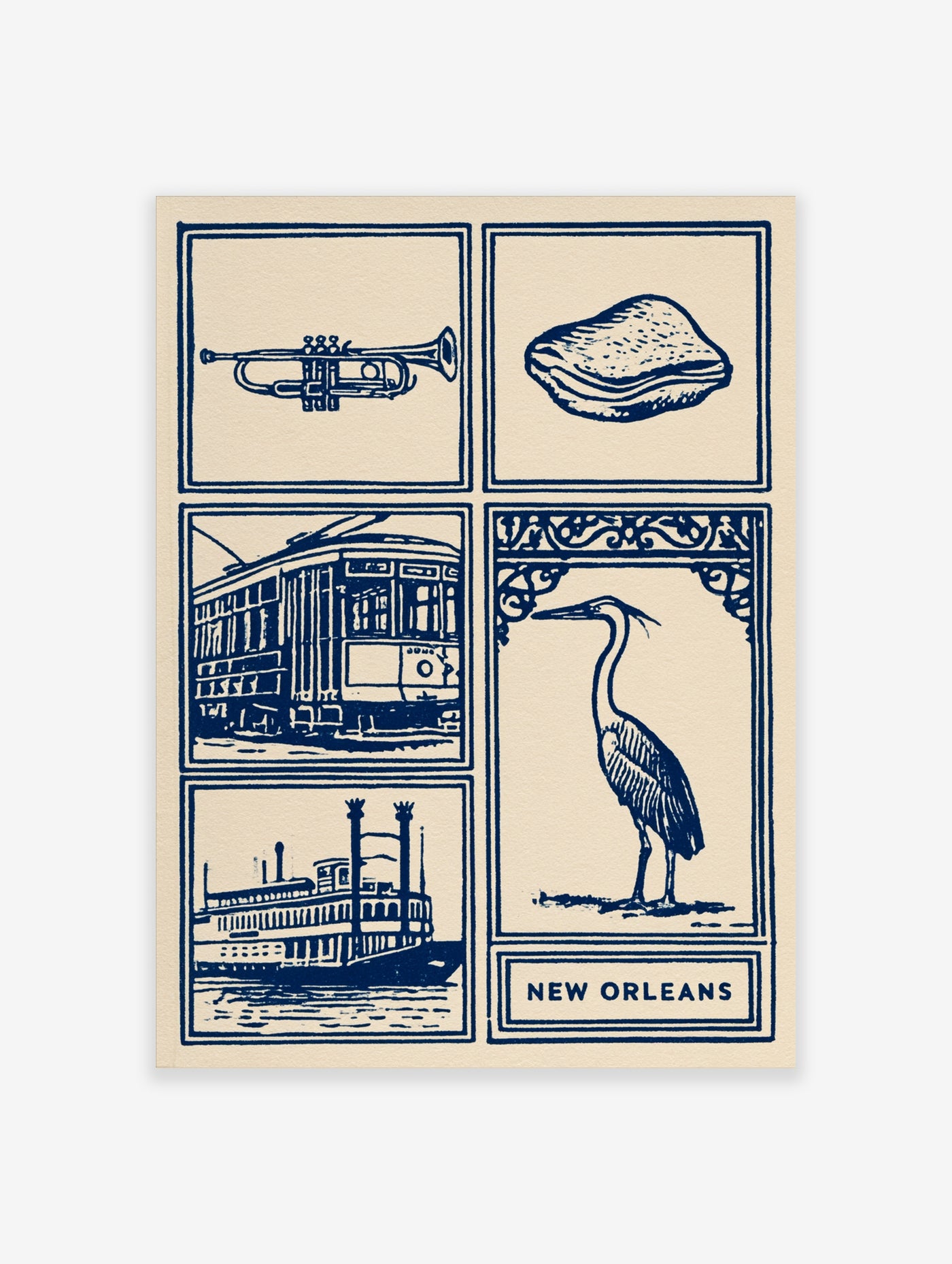 New Orleans wall art print with trumpet, streetcar, heron, and sandwich illustrations in blue ink on cream paper