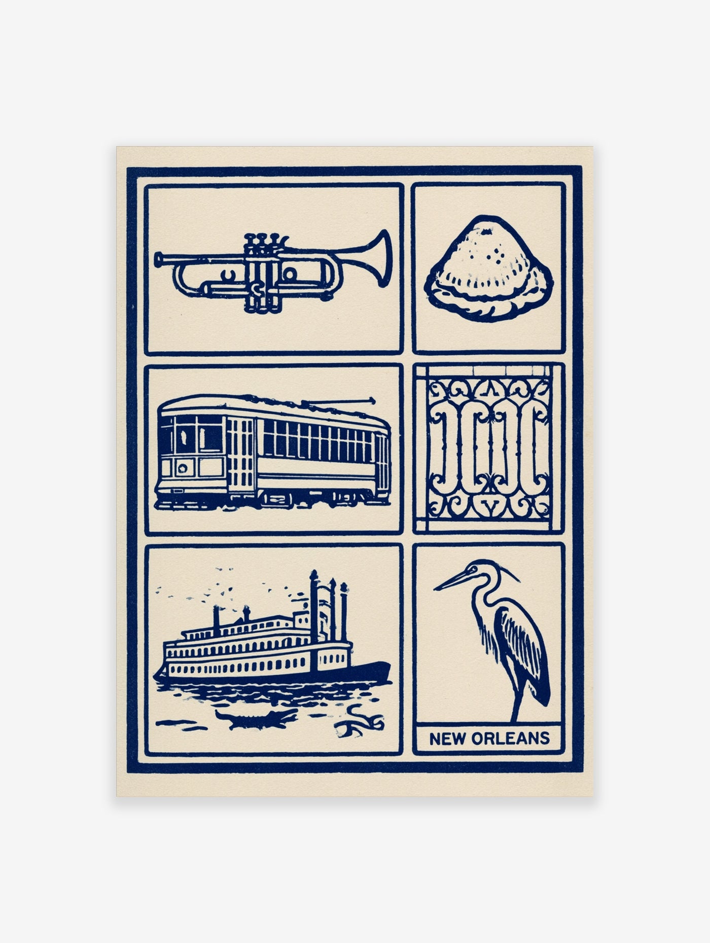 New Orleans illustrative wall art in blue ink featuring a trumpet, streetcar, steamboat, and heron on cream background
