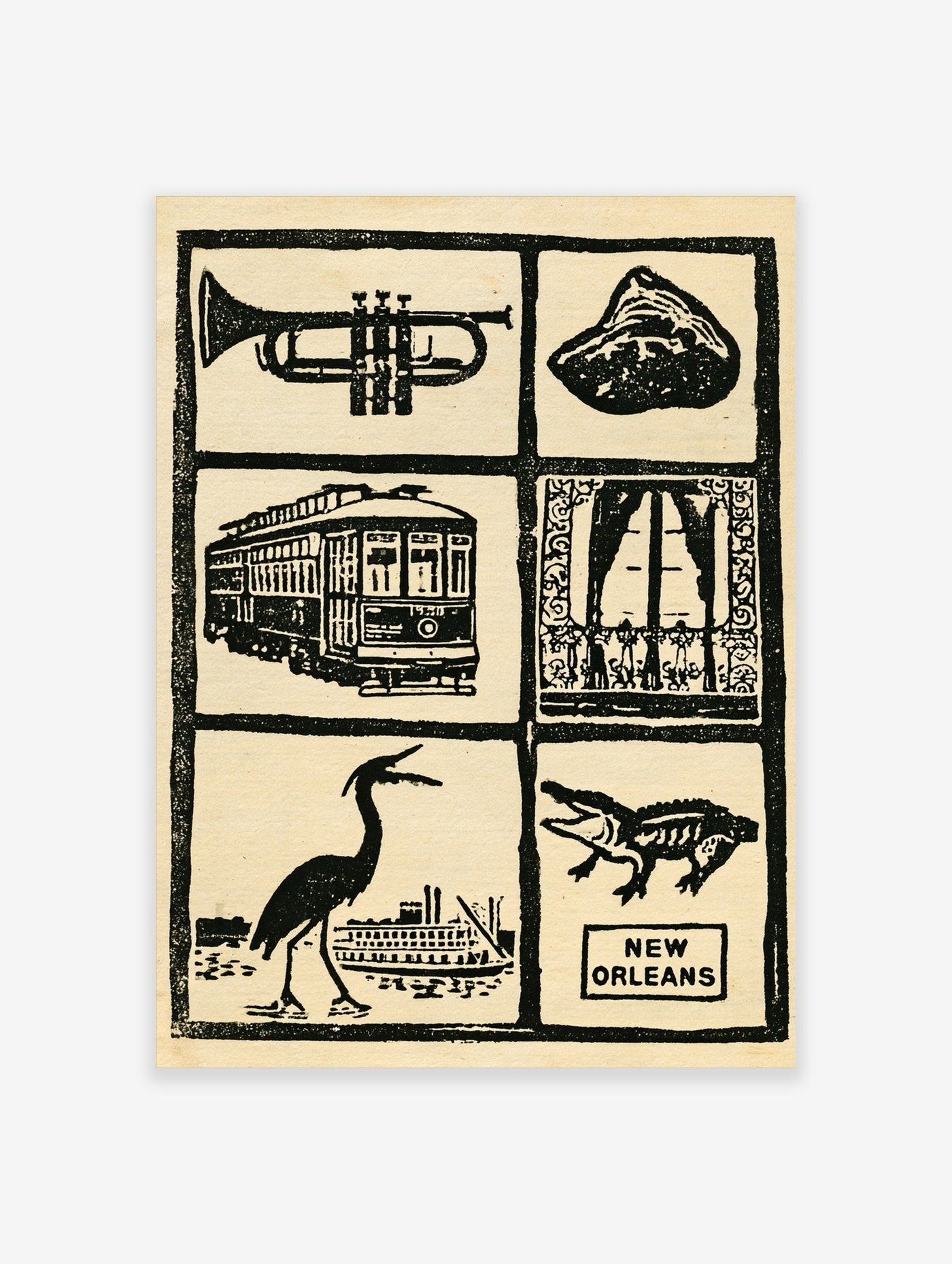 Monochrome woodcut-style New Orleans wall art showing a trumpet, streetcar, alligator, and heron in a six-panel grid