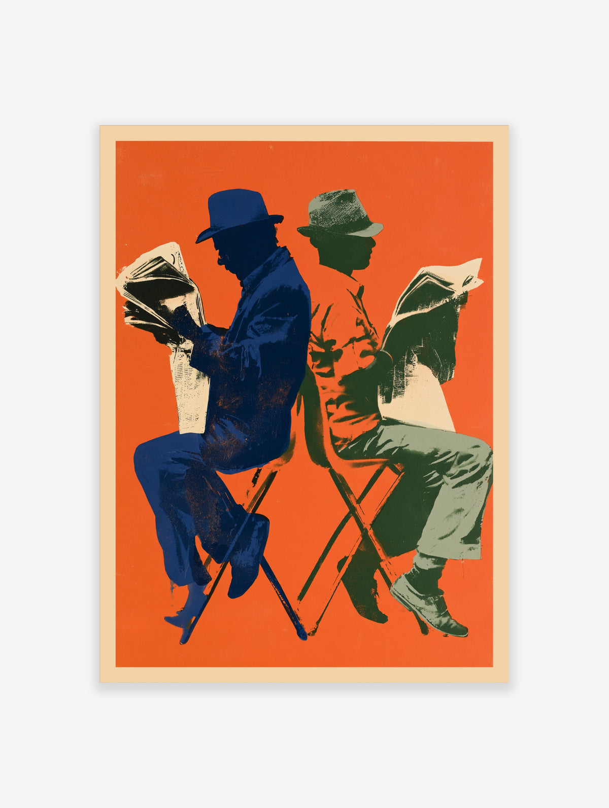 Retro illustrative art print of two figures reading newspapers against a vibrant orange background