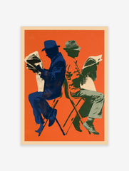 Retro illustrative art print of two figures reading newspapers against a vibrant orange background