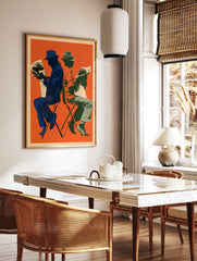 Retro illustrative art print of two figures reading newspapers against a vibrant orange background, in a styled room mockup