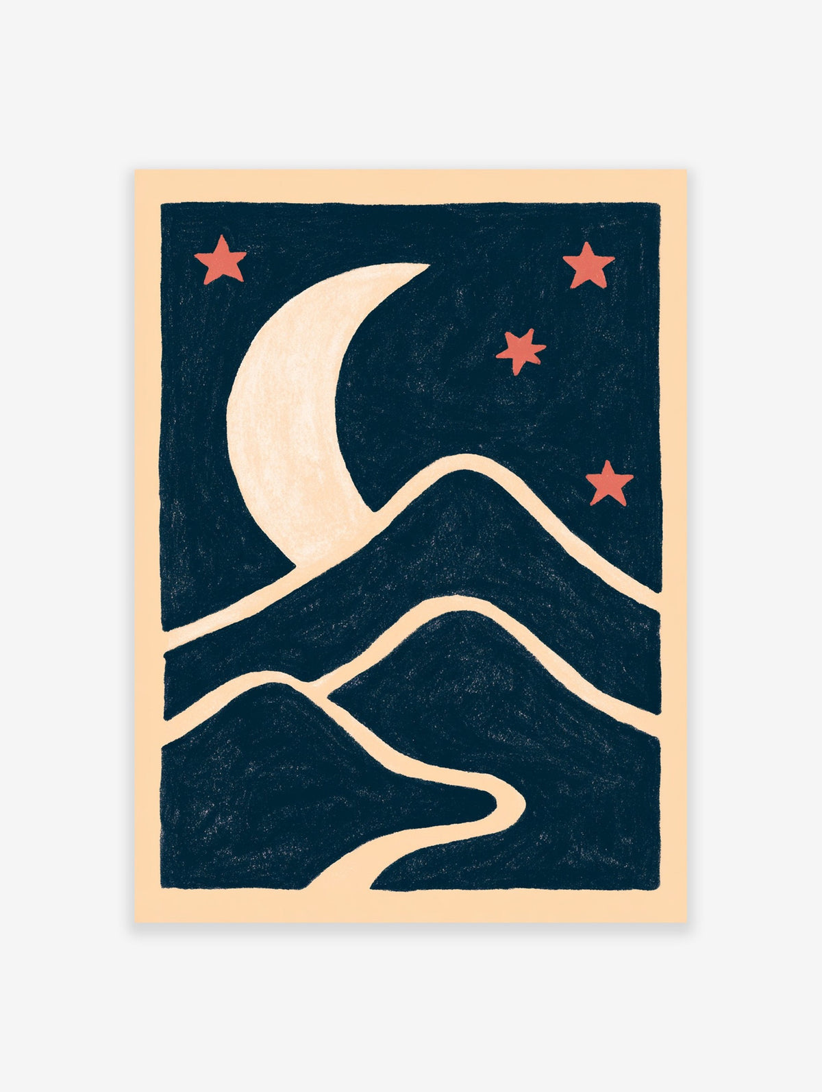 Abstract night landscape print with a cream crescent moon, dark blue mountains, and red stars on a cream background