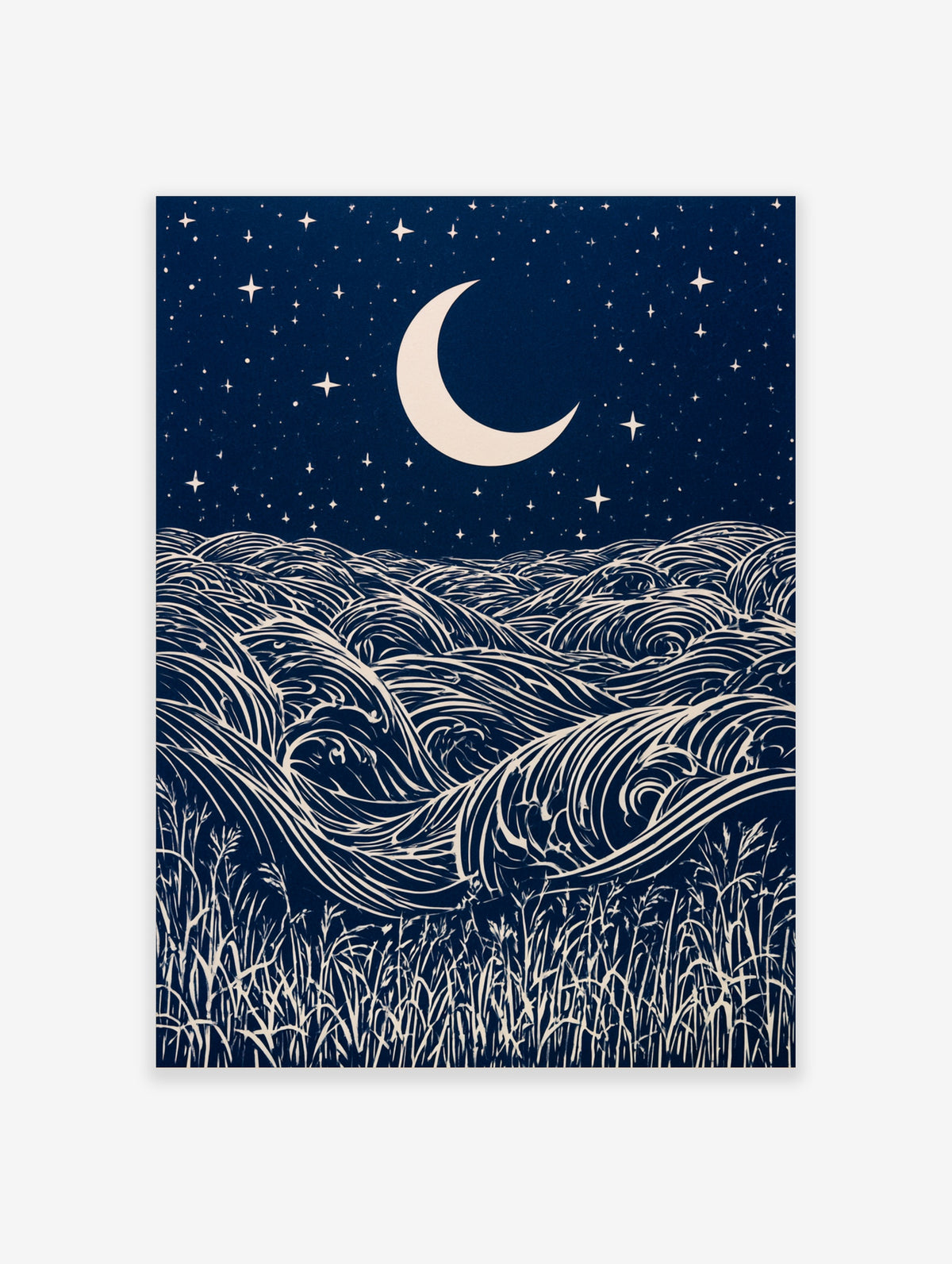 Stylised night ocean illustration with swirling waves, a crescent moon, stars, and grass, in dark blue and cream
