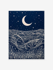 Stylised night ocean illustration with swirling waves, a crescent moon, stars, and grass, in dark blue and cream