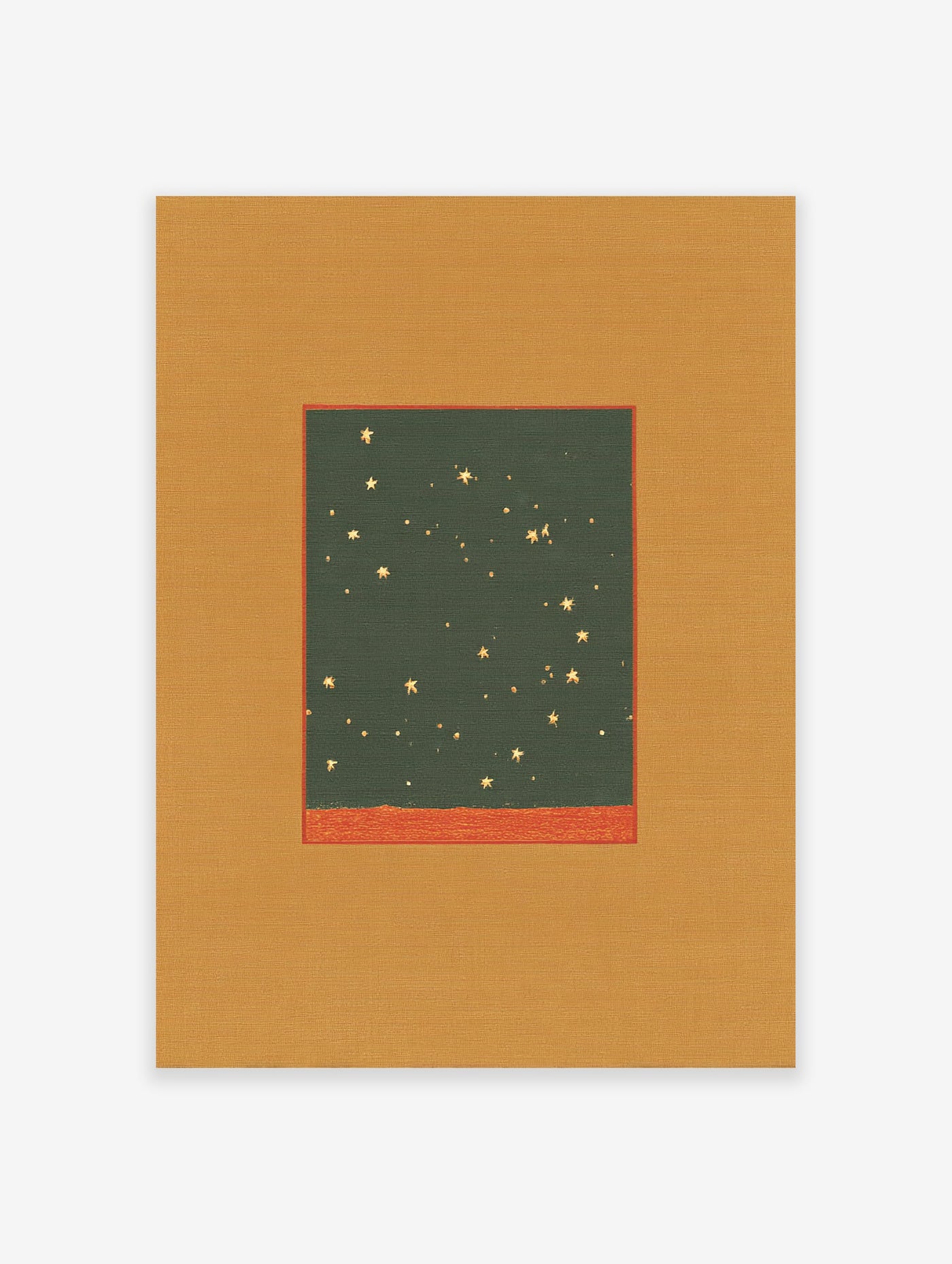 Minimalist night sky wall art print with gold stars on a dark green background and a golden-orange border