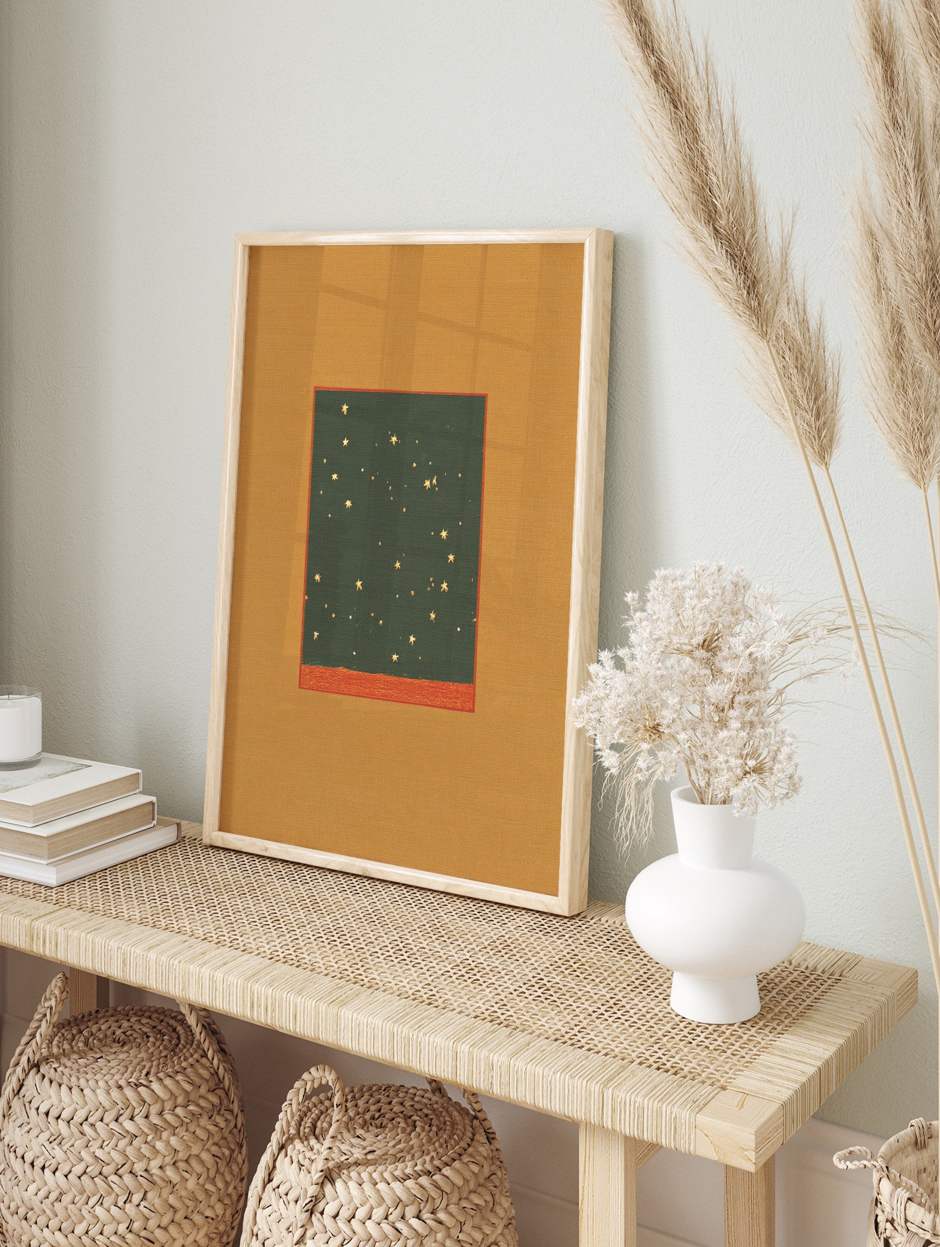 Minimalist night sky wall art print with gold stars on a dark green background and a golden-orange border - Image 3