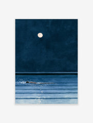 Minimalist art print of a person swimming in dark blue water under a full moon at night