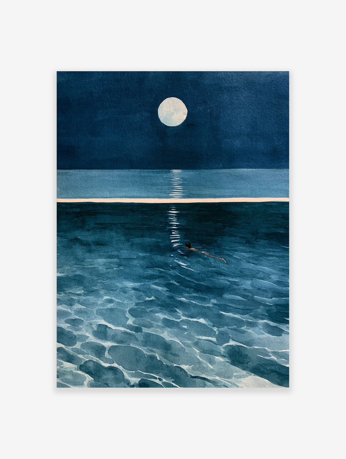 Illustrative wall art of a solitary figure swimming in deep blue ocean water under a full moon with shimmering reflection