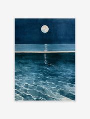 Illustrative wall art of a solitary figure swimming in deep blue ocean water under a full moon with shimmering reflection