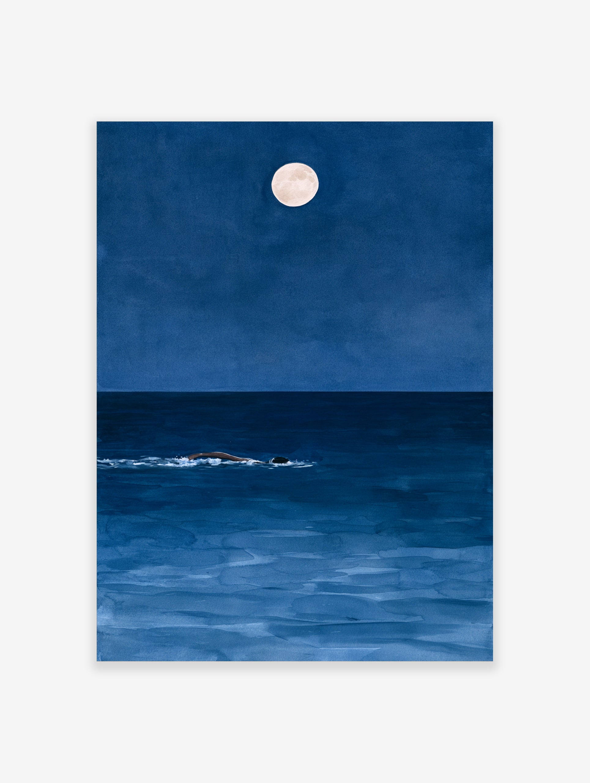 Minimalist art print of a person swimming in a deep blue ocean at night under a full moon