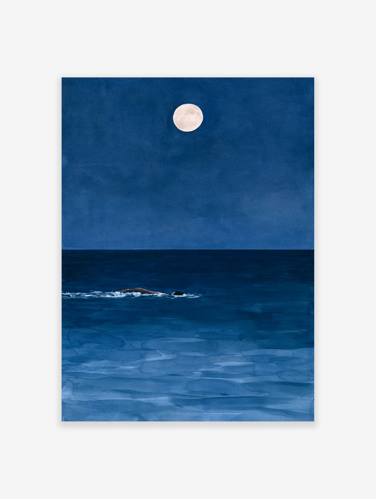 Minimalist art print of a person swimming in a deep blue ocean at night under a full moon