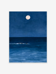 Minimalist art print of a person swimming in a deep blue ocean at night under a full moon