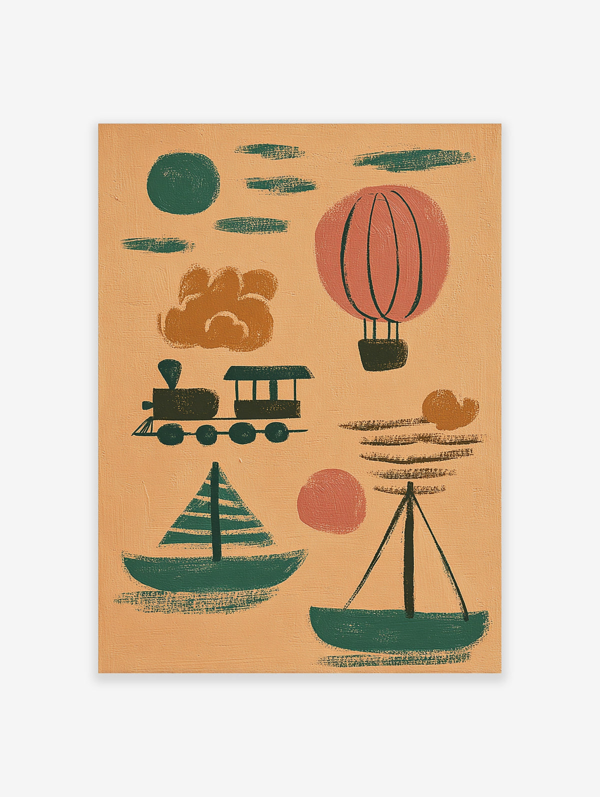 Nursery transport poster with toy train, sailboats, hot air balloon and sun on peach background