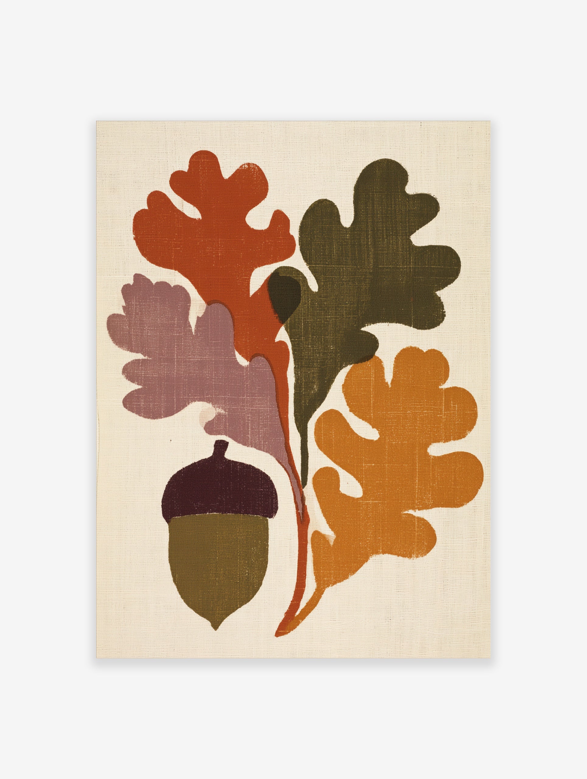 Stylised oak leaves and acorn botanical illustration with rust, olive, and mustard colours on a neutral background